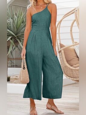 Chic One-Shoulder Blue Green Jumpsuit in Medium